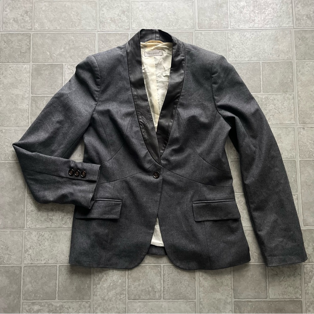 Y2k Sonia Bogner Dark Grey Wool Blazer Jacket Leather Collar Womens 10